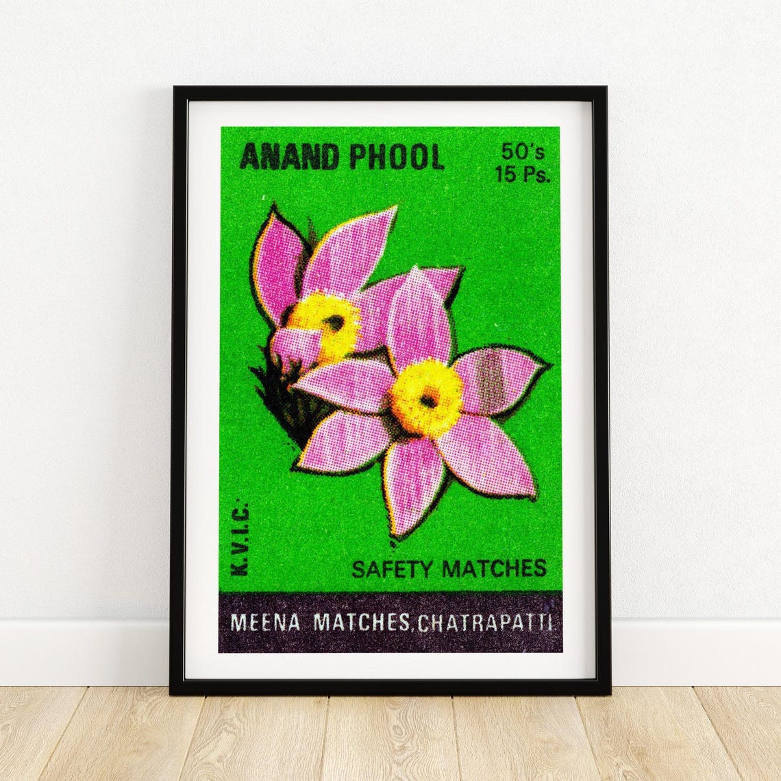 Anand Phool Pink Flowers Indian Safety Matches Vintage Art Poster