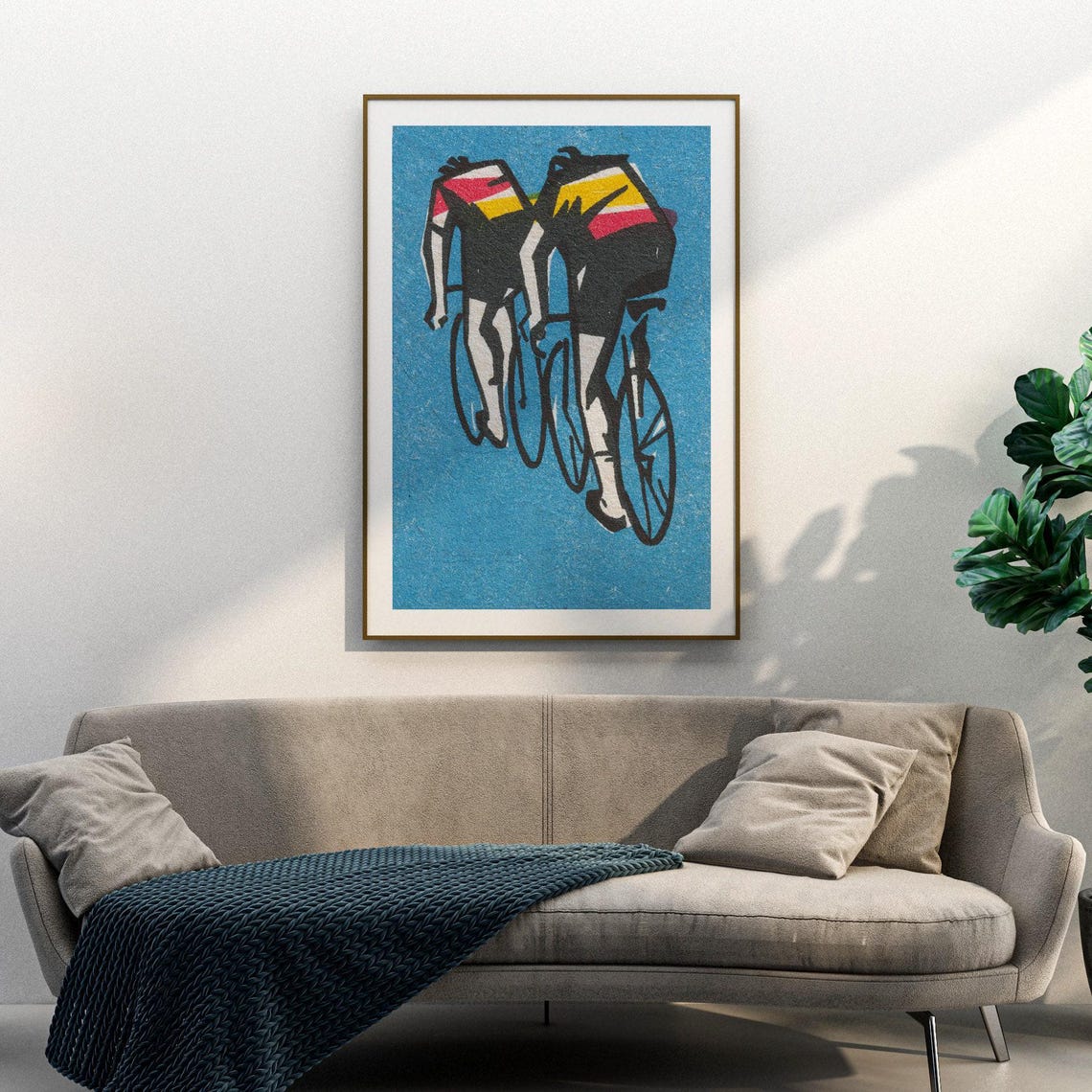 Two Cyclists Racing Rear View Blue Matchbox Label Vintage Art Poster - Image 3