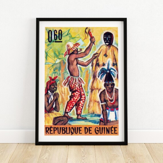 Tribal Ceremony Vintage African Art Postage Stamp Print Aesthetic Wall Art Postage Stamp Wall Poster Vintage Poster Print
