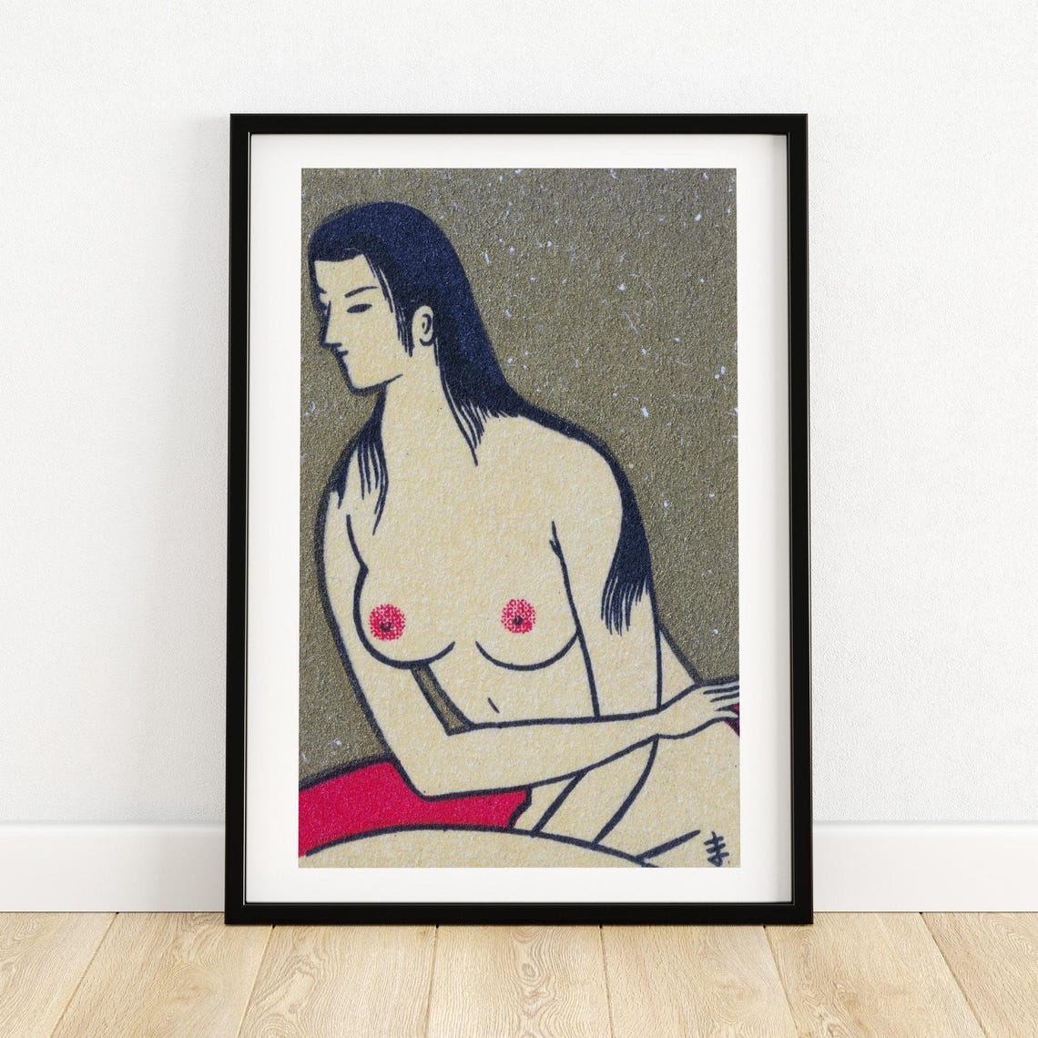 Japanese Seated Nude Figure Vintage Matchbox Art Illustration Poster