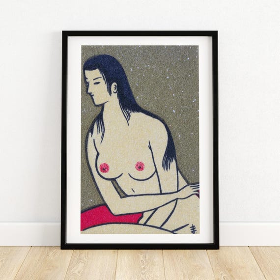 Japanese Seated Nude Figure Vintage Matchbox Art Illustration Poster