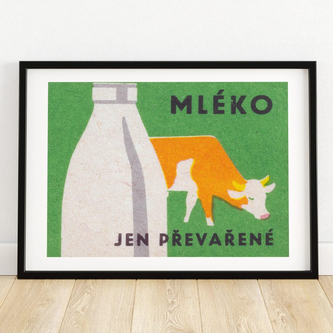Mleko Only Boiled Milk Bottle Cow Vintage Matchbox Label Poster
