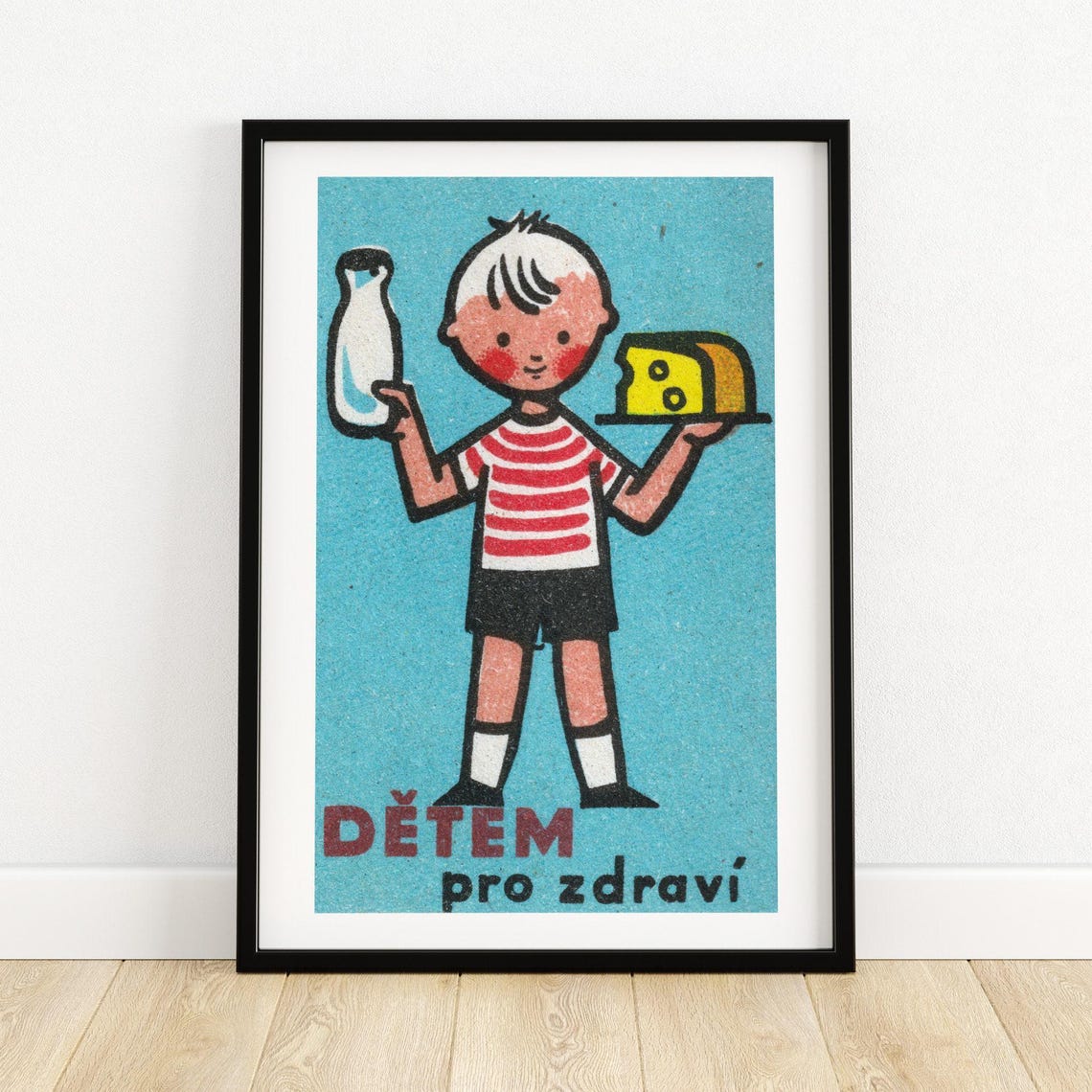 Dětem Pro Zdraví Boy Milk Cheese Vintage Czech Matchbox Art Poster