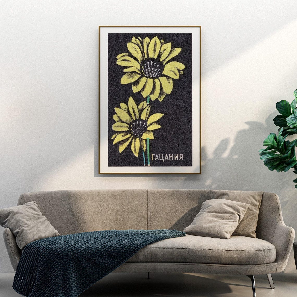 Gazania Yellow Flowers On Black Russian Matchbox Label Poster - Image 3