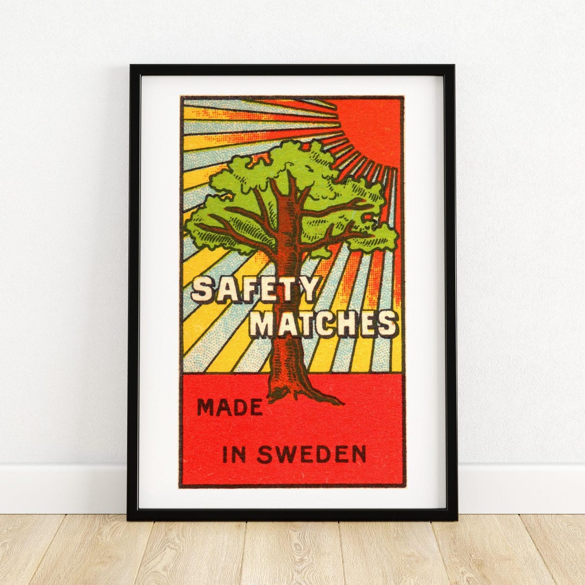 Oak Tree Radiating Sun Rays Swedish Safety Matches Label Art Poster