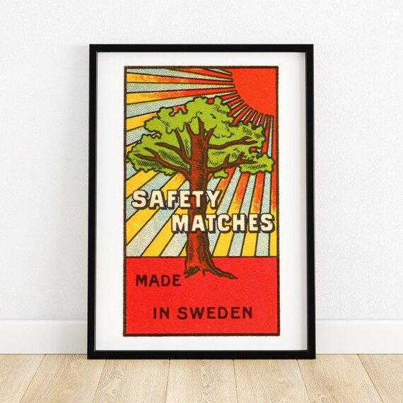 Safety Matches Art Print Swedish Design Vintage Graphic Decor Mid Century Wall Art Retro Scandinavian Style Gift For Collectors A4