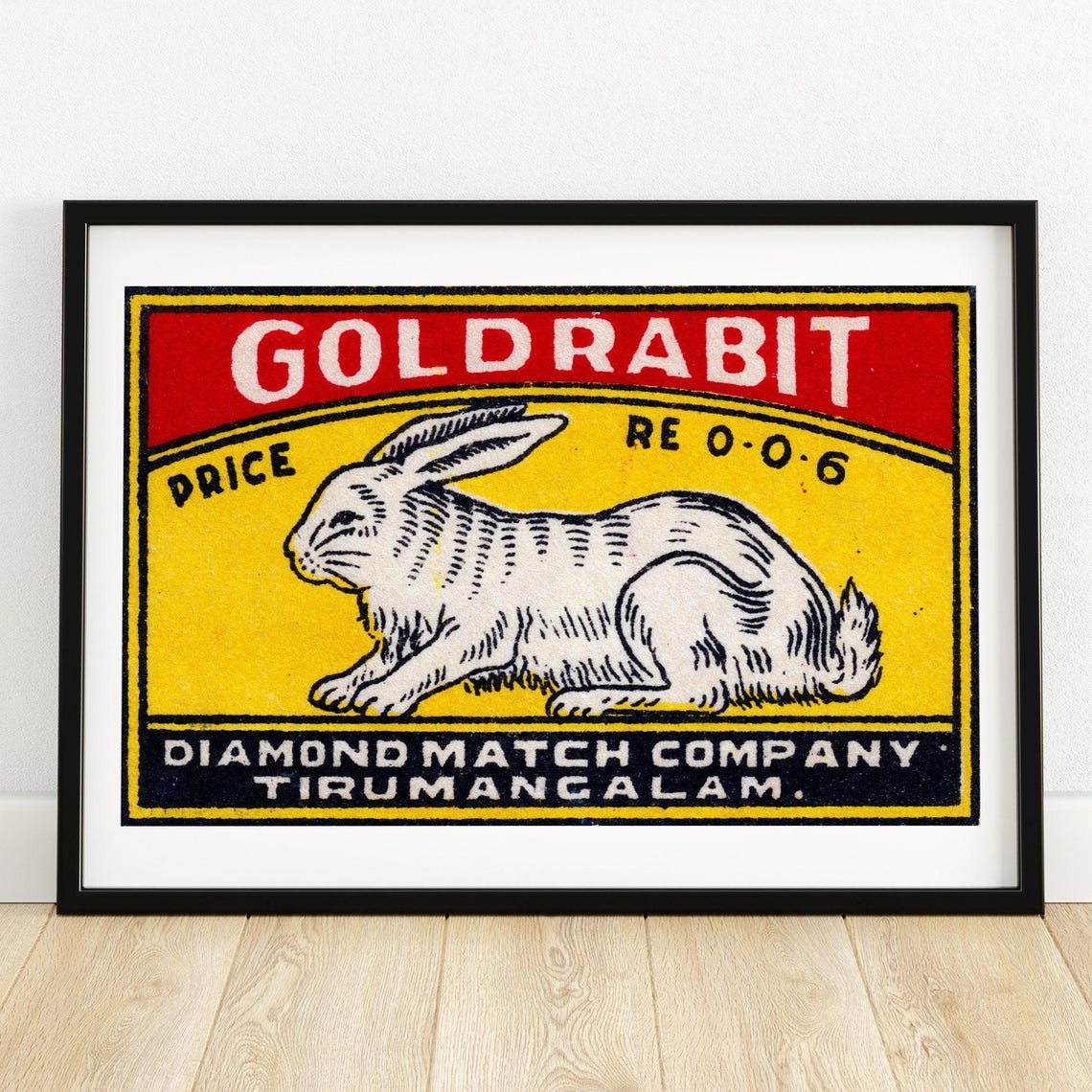 Goldrabit White Rabbit Vintage Indian Safety Matches Label Poster
