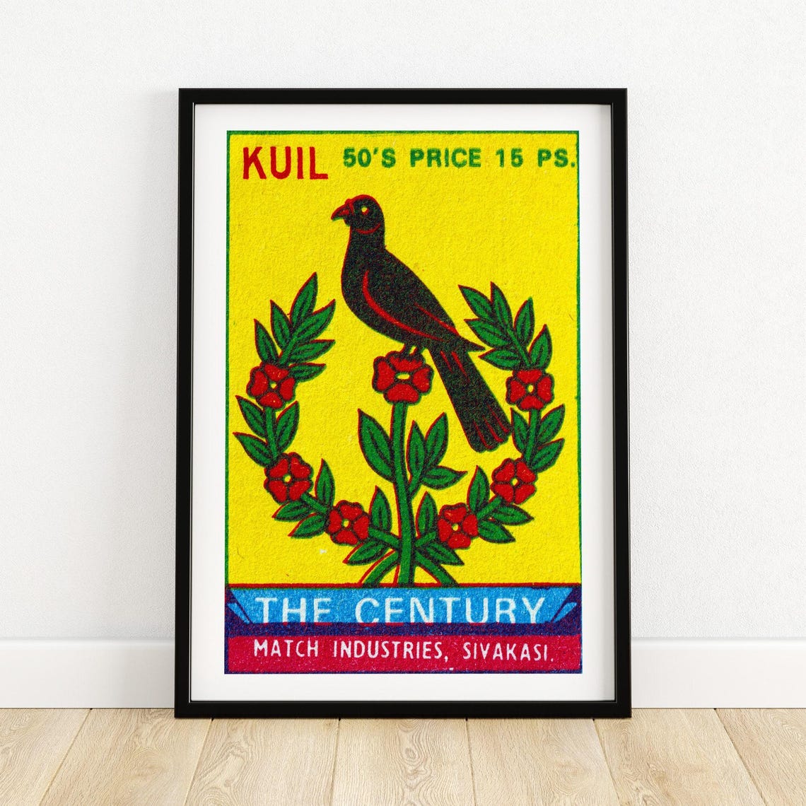 Kuil Bird Flower Vintage Indian Safety Matches Matchbox Label Poster