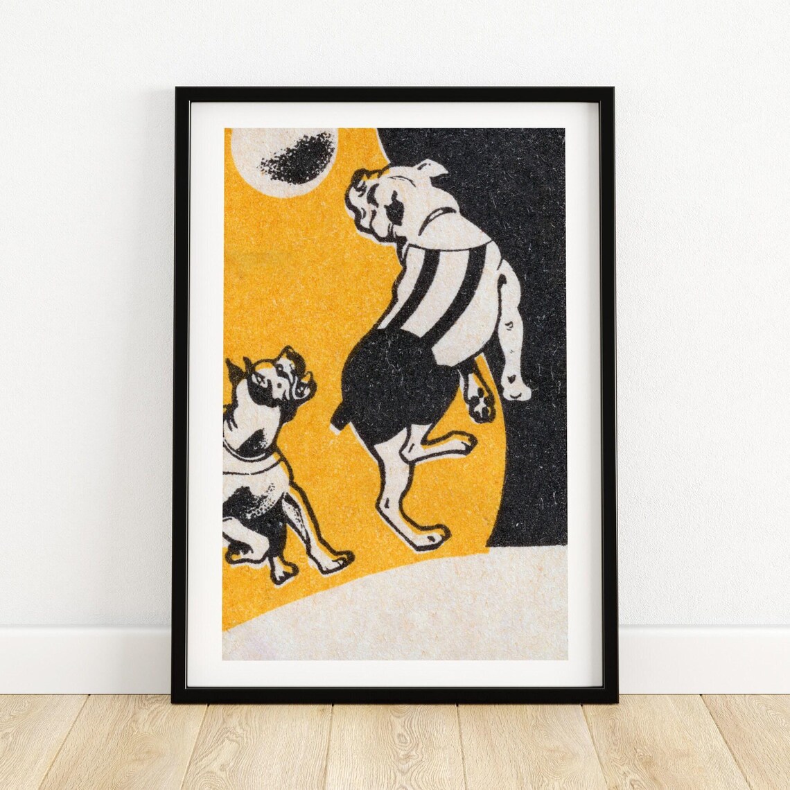 Jumping Dogs Matchbox Label Two Bulldogs Ball Vintage Art Poster