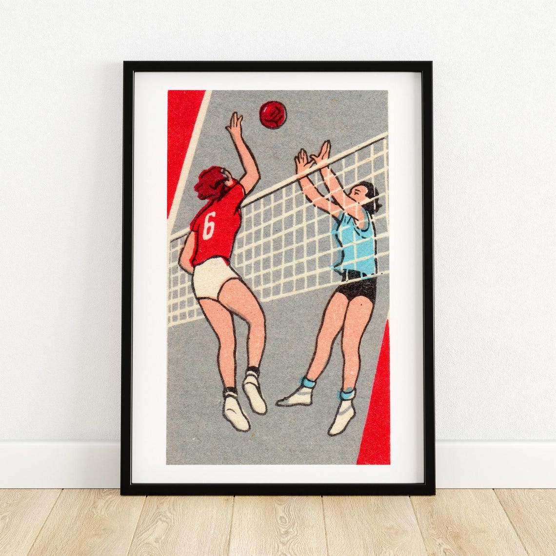 Women Volleyball Net Spike Vintage Sports Matchbox Art Poster