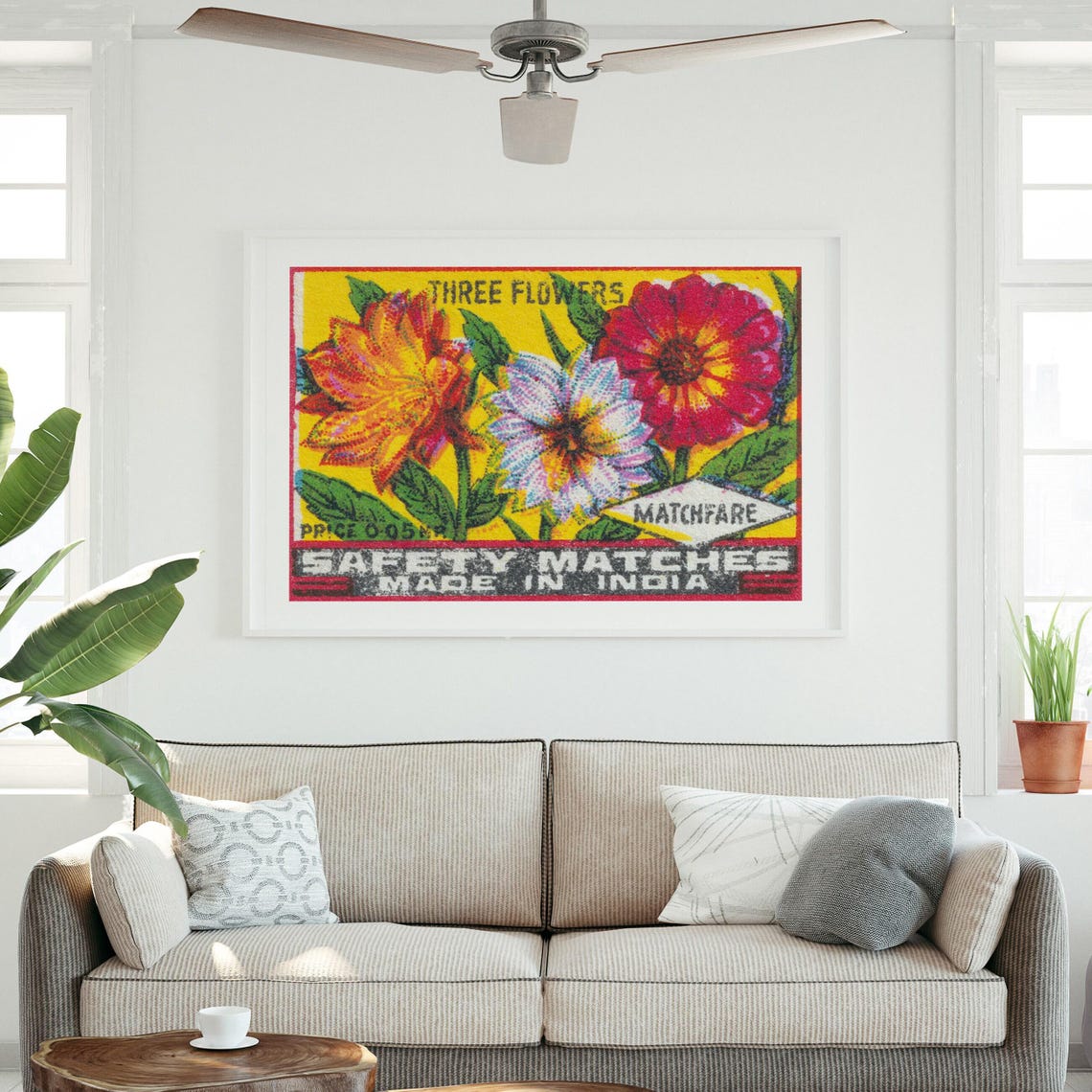 Three Flowers Indian Safety Matches Vintage Floral Label Wall Art - Image 3