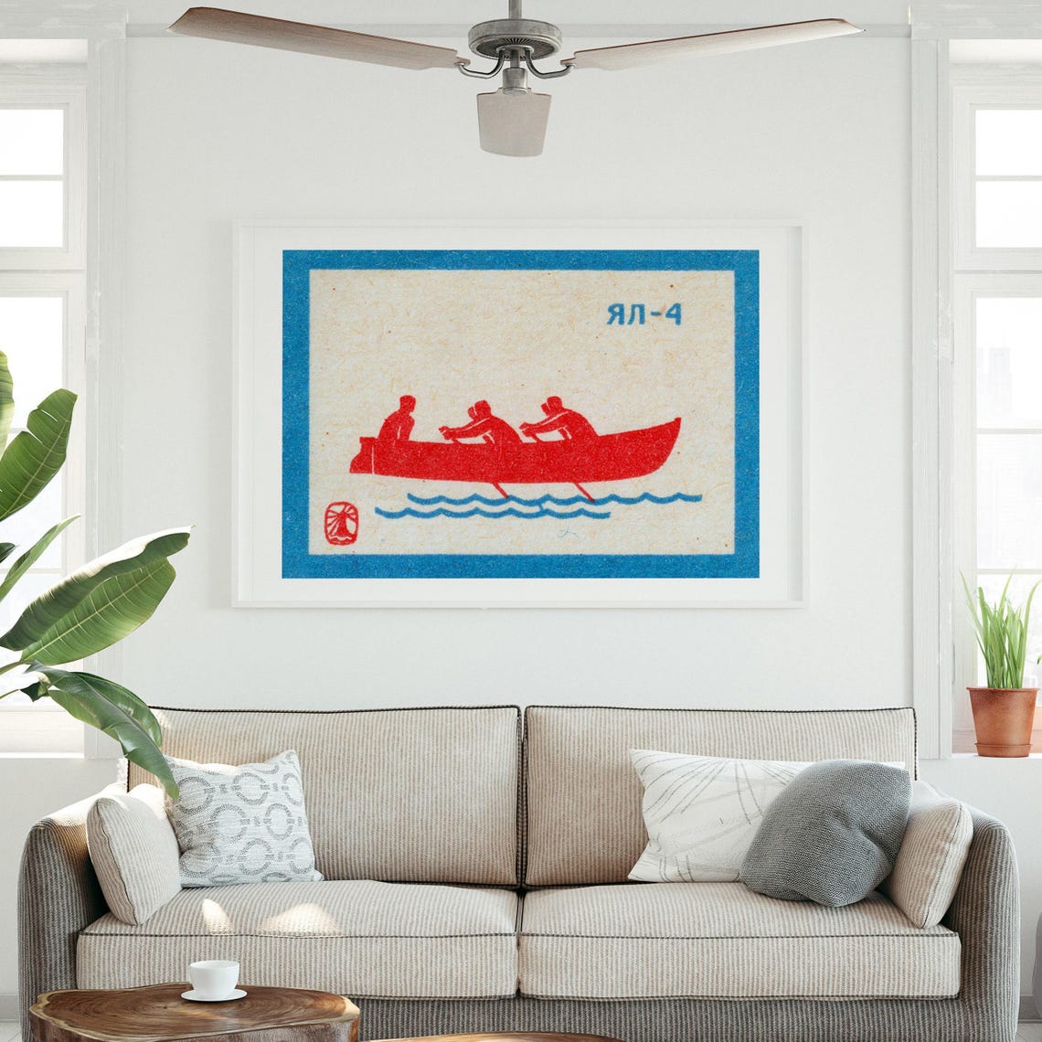 Red Rowboat Three Rowers Minimalist Soviet Matchbox Label Art Poster - Image 3
