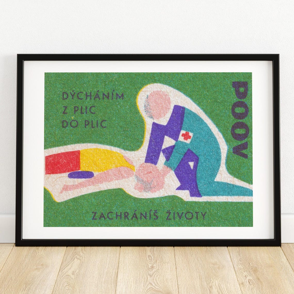 Vintage Czech First Aid Mouth To Mouth Green Resuscitation Poster