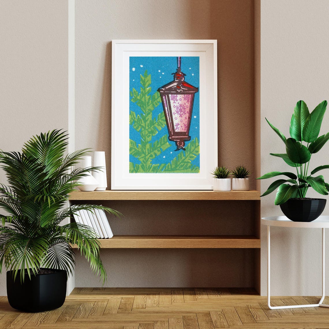 Snowy Night Lantern Vintage Blue Winter Scene Illustration Print - Image 2