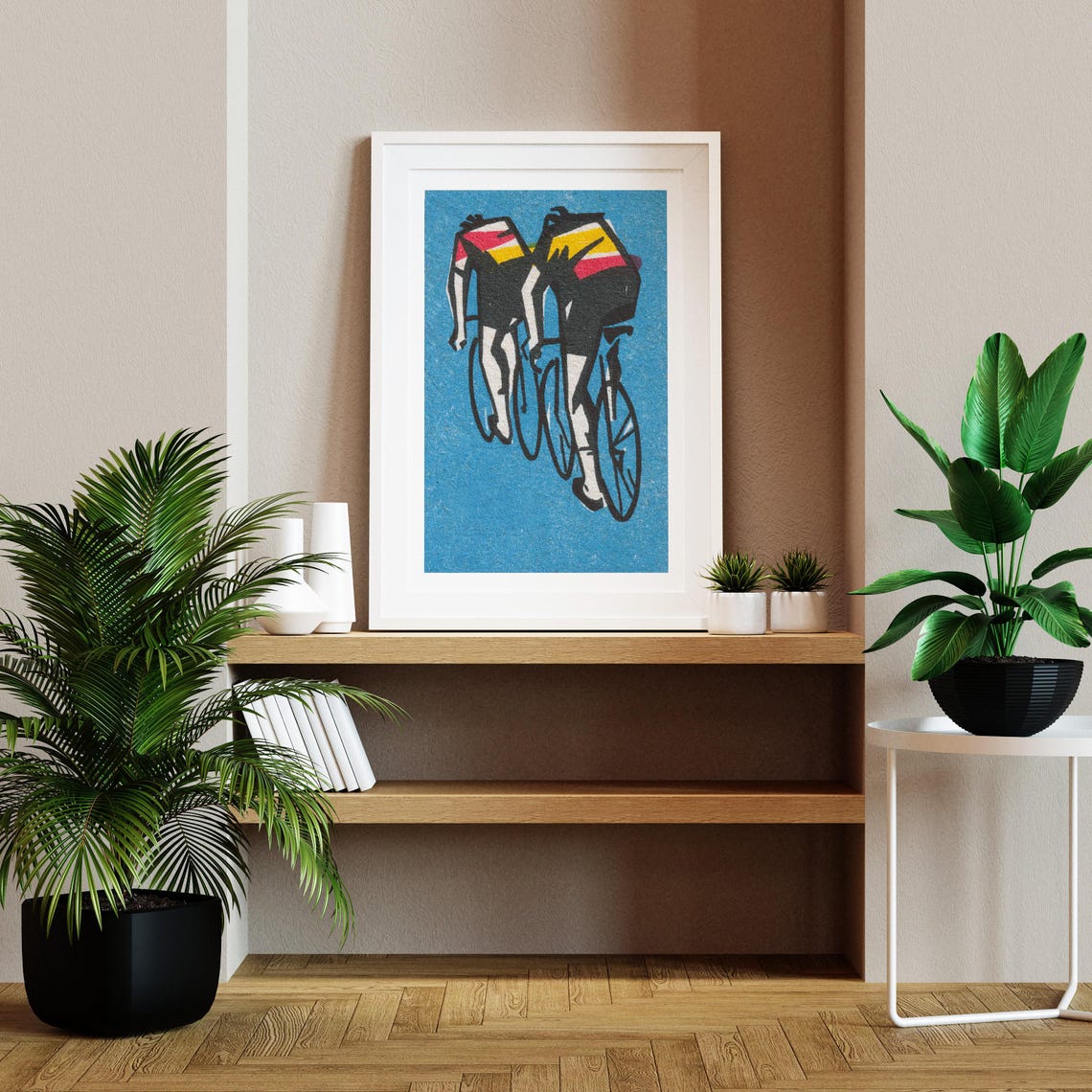 Two Cyclists Racing Rear View Blue Matchbox Label Vintage Art Poster - Image 2