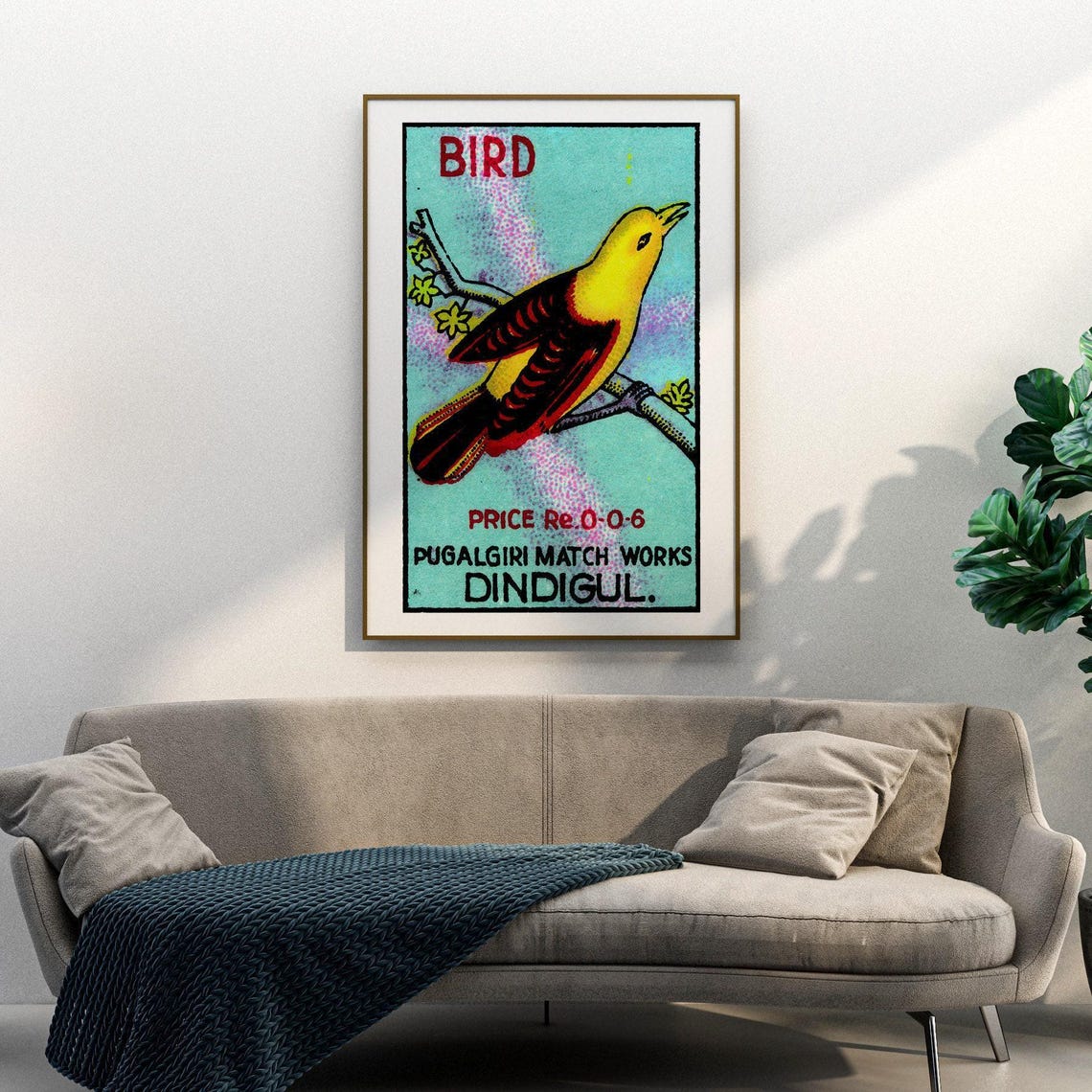 Bird Yellow Songbird on Blossom Branch Vintage India Match Poster - Image 3