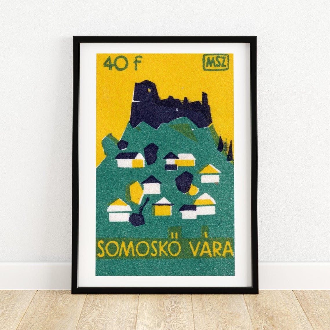 Somosk Castle Ruins Village Yellow Sky Vintage Hungarian Poster
