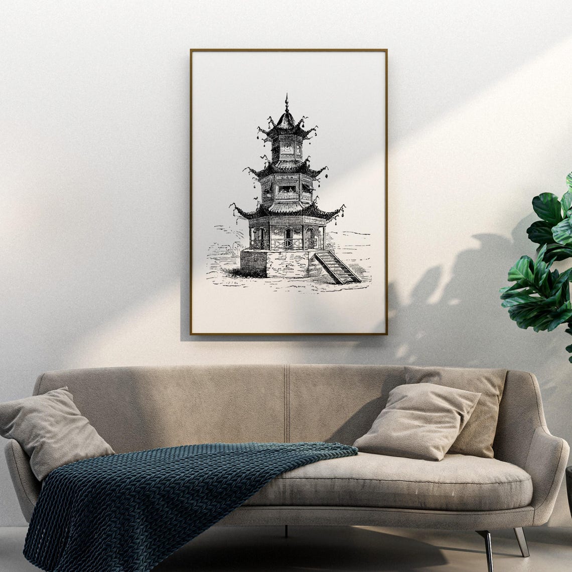 Three Tiered Pagoda Temple Black White Engraving Architecture Poster - Image 3
