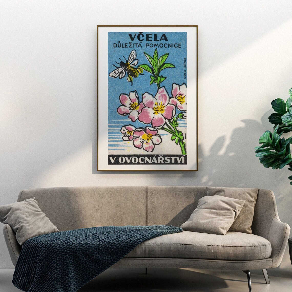Pink Flower Yellow Bee Matchbox Vintage Czech Art Print - Image 3