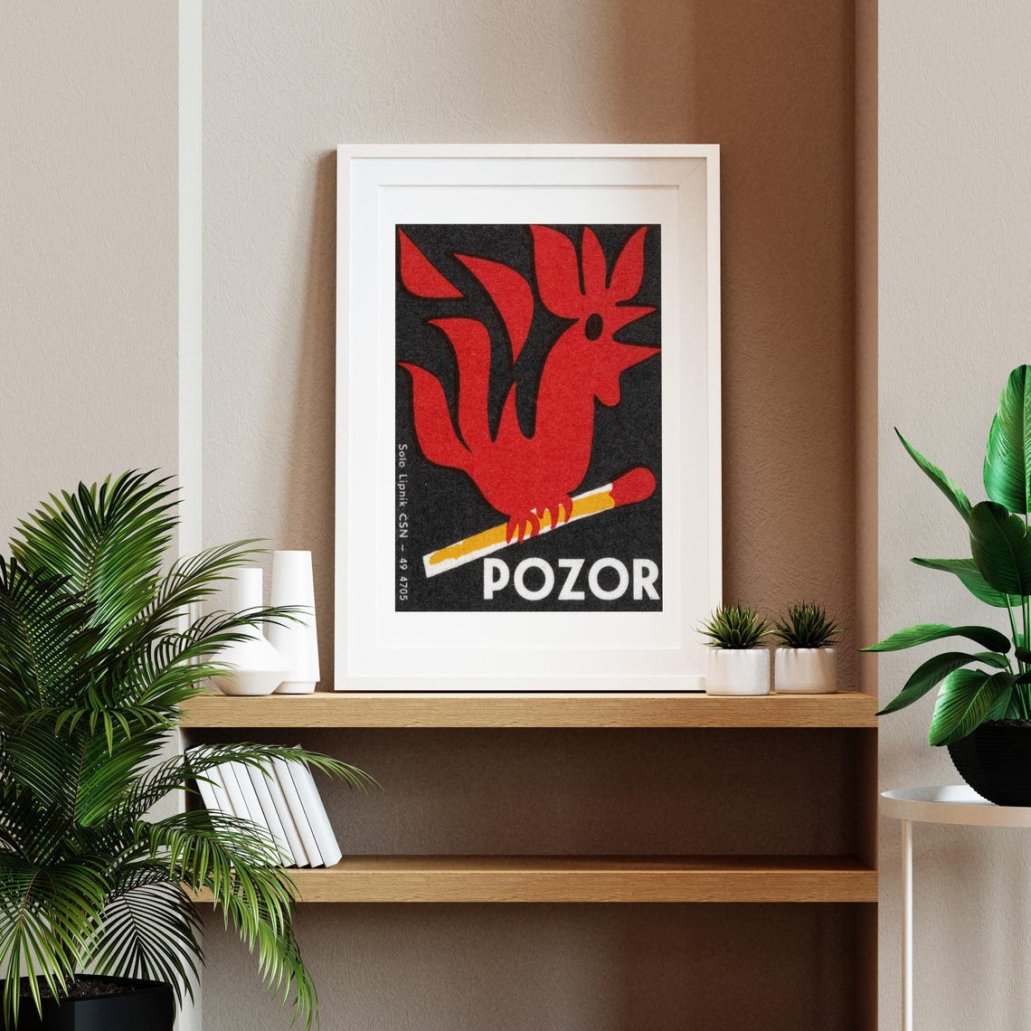 Red Rooster on Match Vintage Czech Pozor Caution Matchbox Art Poster - Image 2