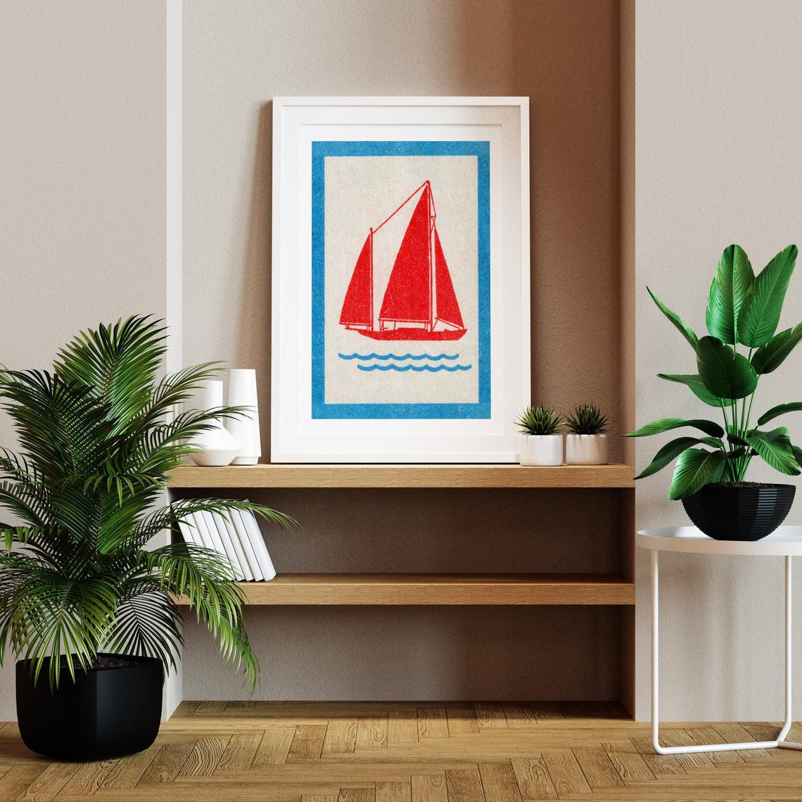 Red Sails Yacht Blue Border Vintage Matchbox Style Nautical Art Poster - Image 2