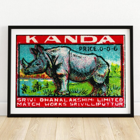 Kanda Rhino Vintage Indian Safety Matches Label Matchbox Art Poster