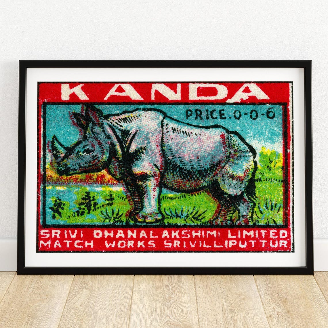 Kanda Rhino Vintage Indian Safety Matches Label Matchbox Art Poster