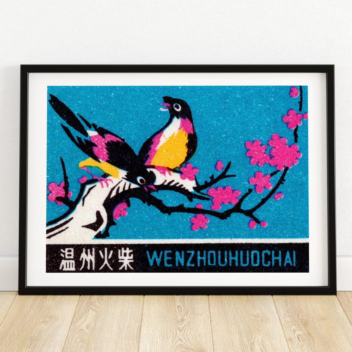 Two Songbirds on Cherry Blossom Chinese Matchbox Label Art Poster