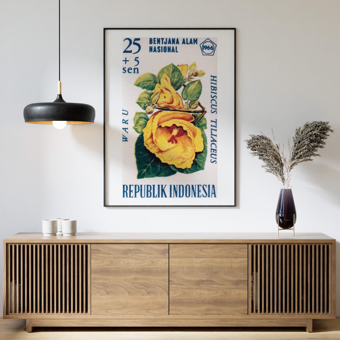 1966 Indonesia Waru Hibiscus Tiliaceus Stamp Botanical Poster - Image 4