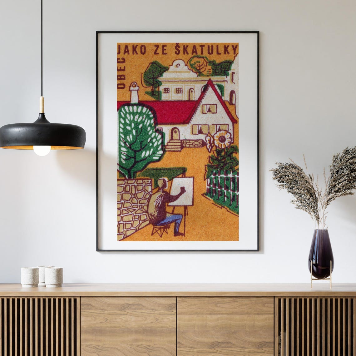 Village Painter Easel Czech Vintage Matchbox Label Art Poster - Image 4