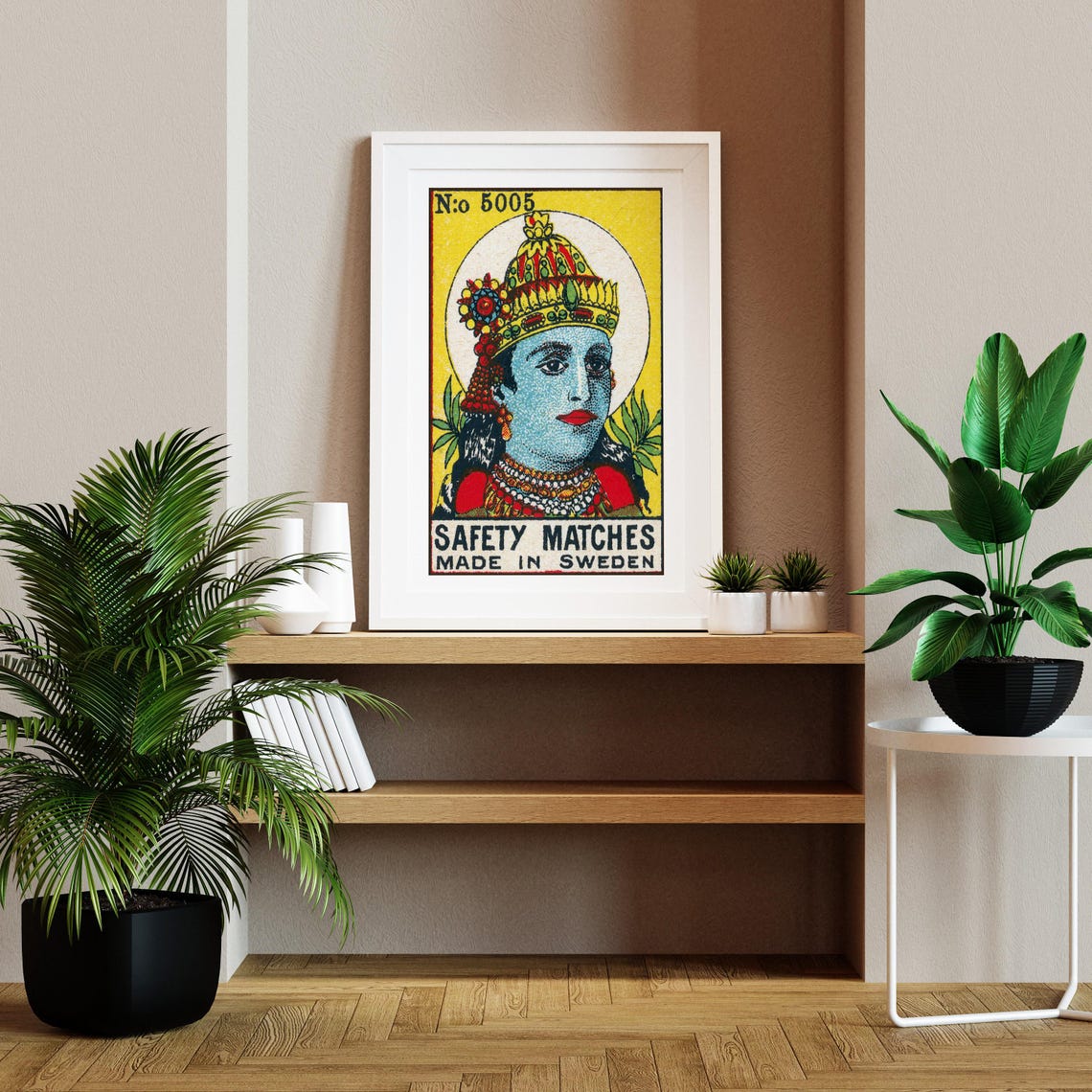 Blue Hindu Deity Crown Vintage Swedish Matchbox Label Poster - Image 2