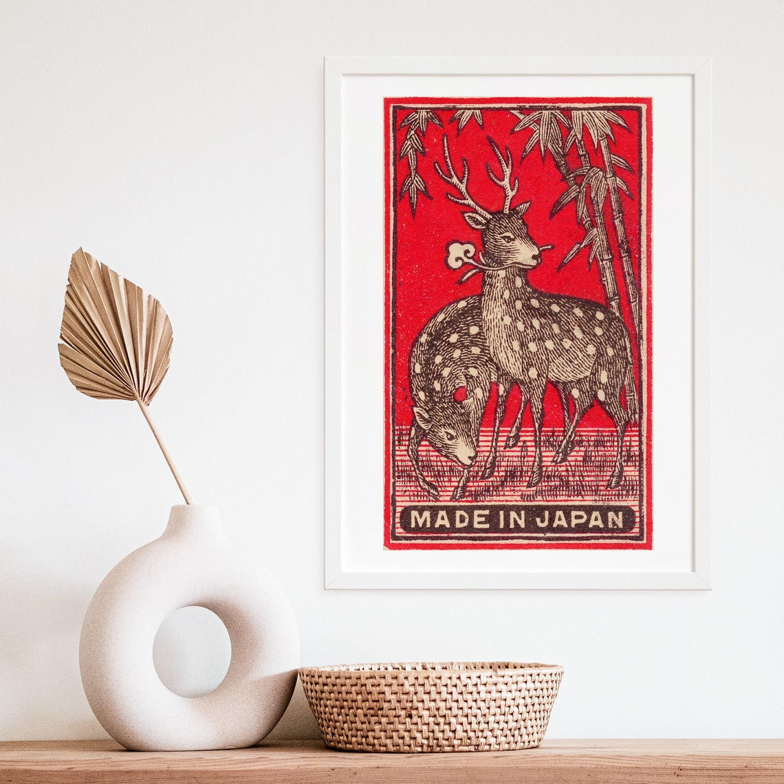 Spotted Deer Bamboo Made In Japan Vintage Red Japanese Wildlife Poster - Image 4