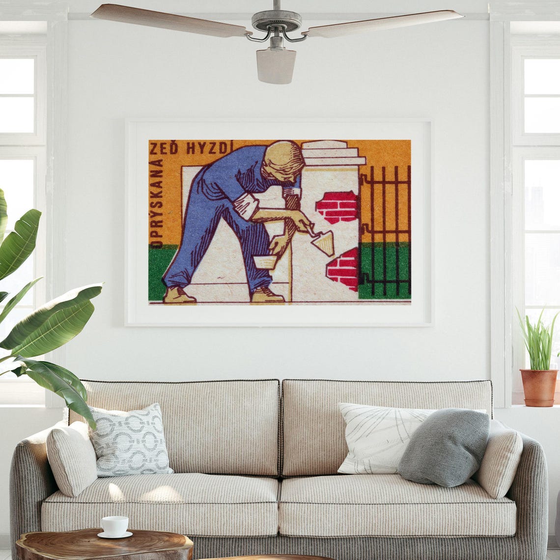 Brick Worker Plastering Wall Retro Czech Matchbox Label Art Poster - Image 3