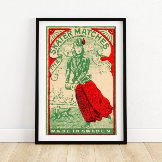 Swedish Skater Matches Art Print Vintage Scandinavian Decor Red Green Illustration Unique Gift For Collectors A4