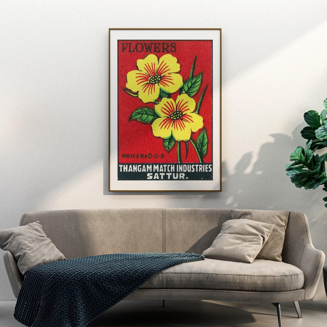 Yellow Flowers Matchbox Print, Vintage India Poster - Image 3