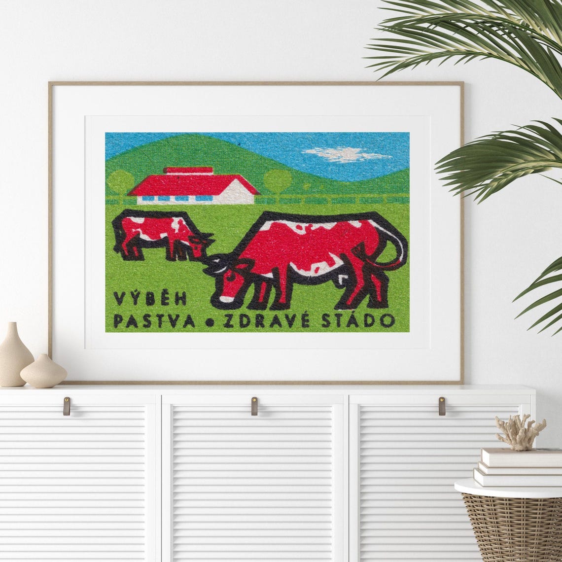 Grazing Cows Healthy Herd Red Barn Vintage Czech Matchbox Poster - Image 3