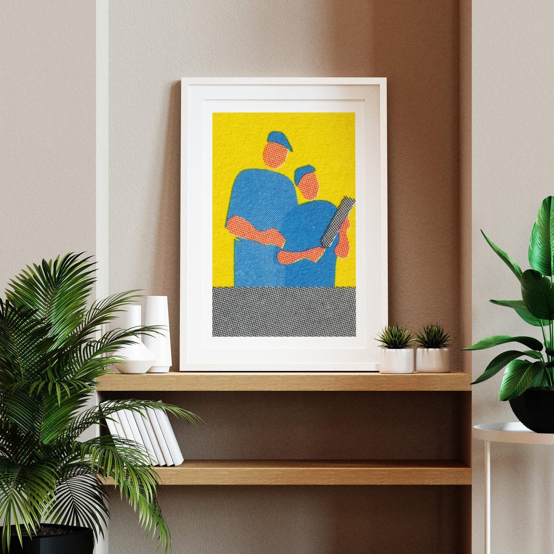 Two Workers Blueprint Halftone Yellow Vintage Matchbox Poster - Image 2