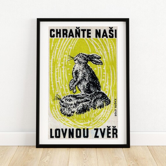 Two Hares Czech Matchbox Label Protect Our Game Vintage Black Yellow Art Poster