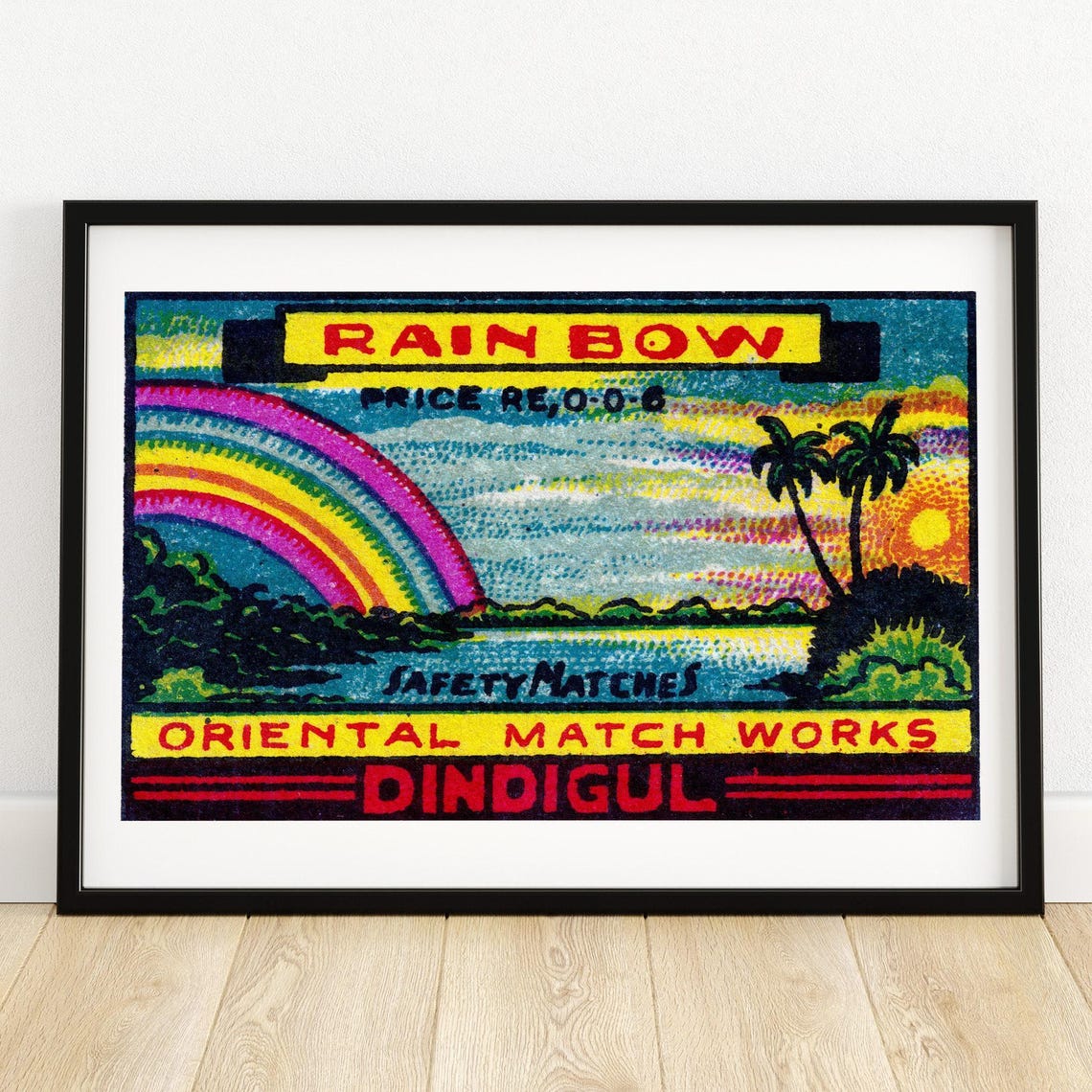Rainbow Tropical Sunset Palm Shore Vintage India Match Label Poster