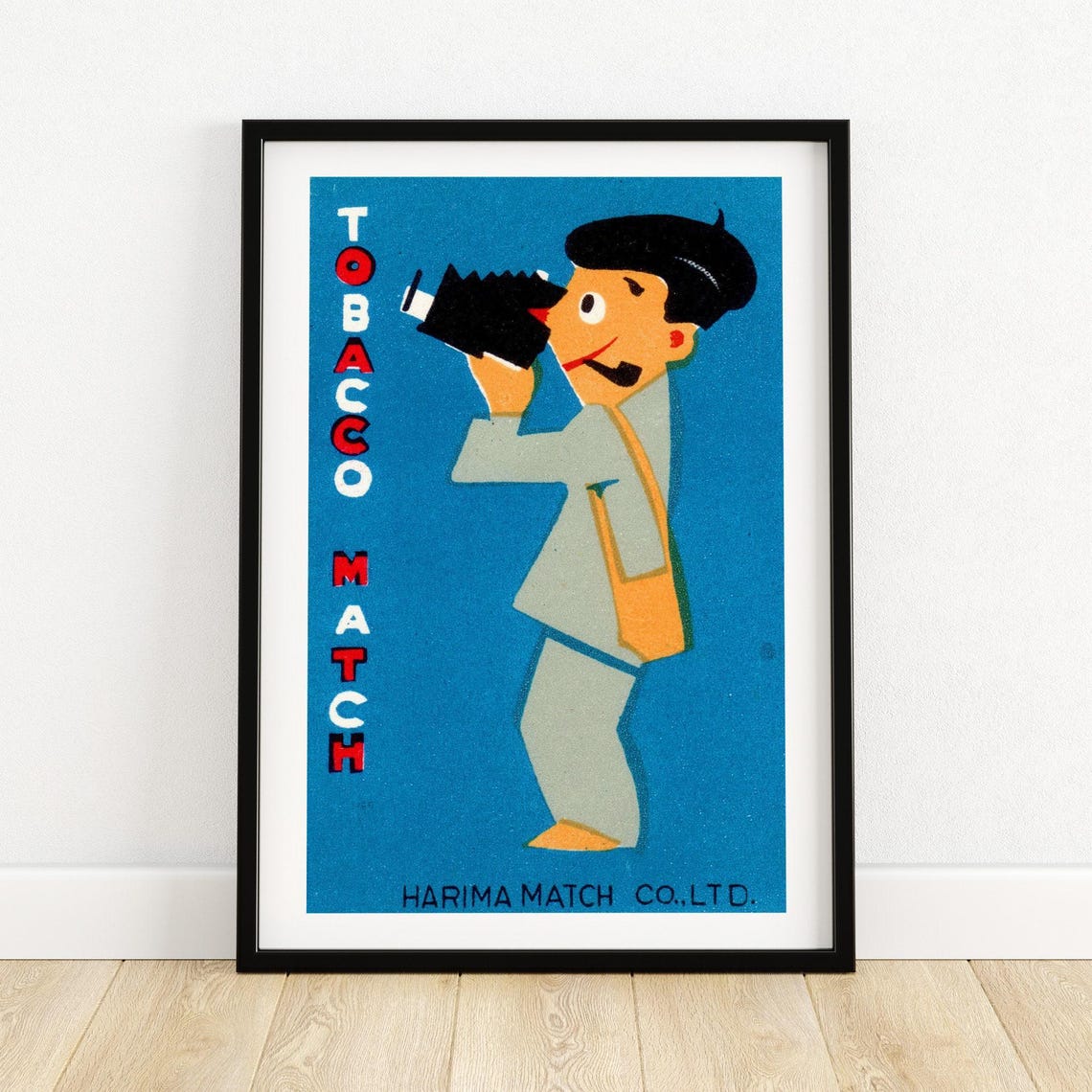 Harima Tobacco Match Boy With Camera Blue Label Art Vintage Poster