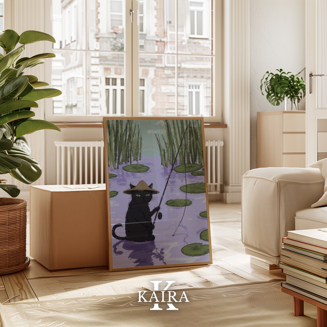 Black Cat In Straw Hat Fishing In A Lily Pond Calm Nature Art Poster - Image 4