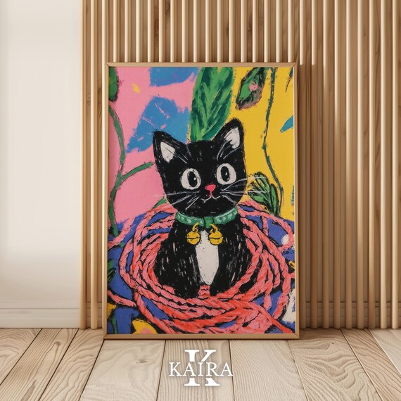 Black Kitten with a Golden Bell Collar Resting in Red Yarn Poster