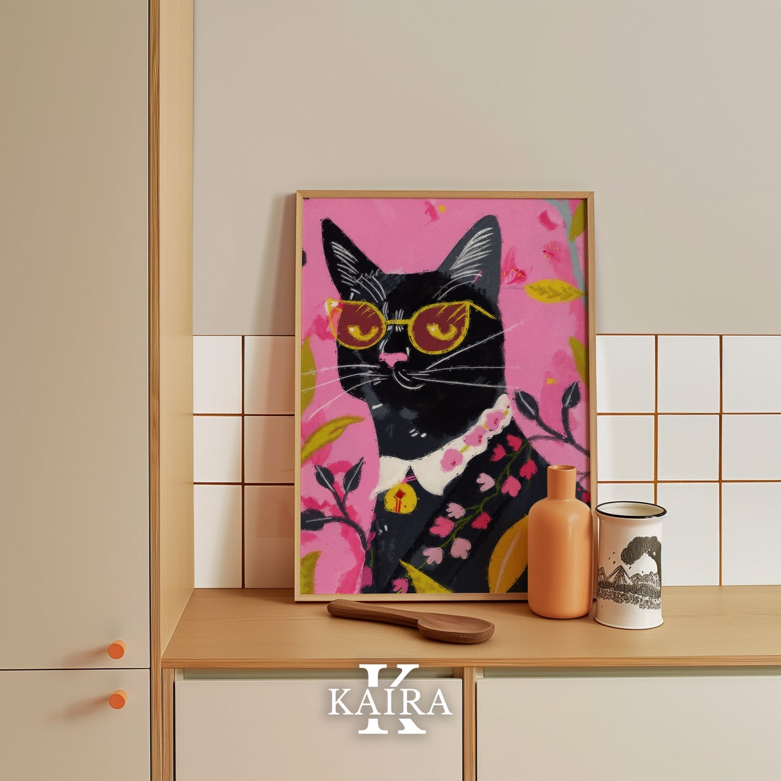 Cool Black Cat Wearing Yellow Sunglasses And Flower Lei Art Poster - Image 5
