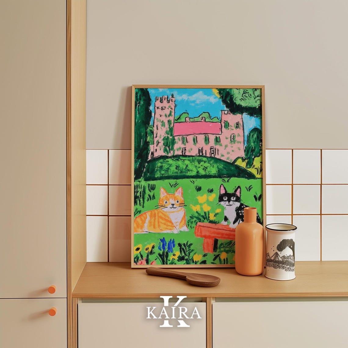 Two Cute Cats Relaxing in a Garden With a Pink Castle Poster - Image 5