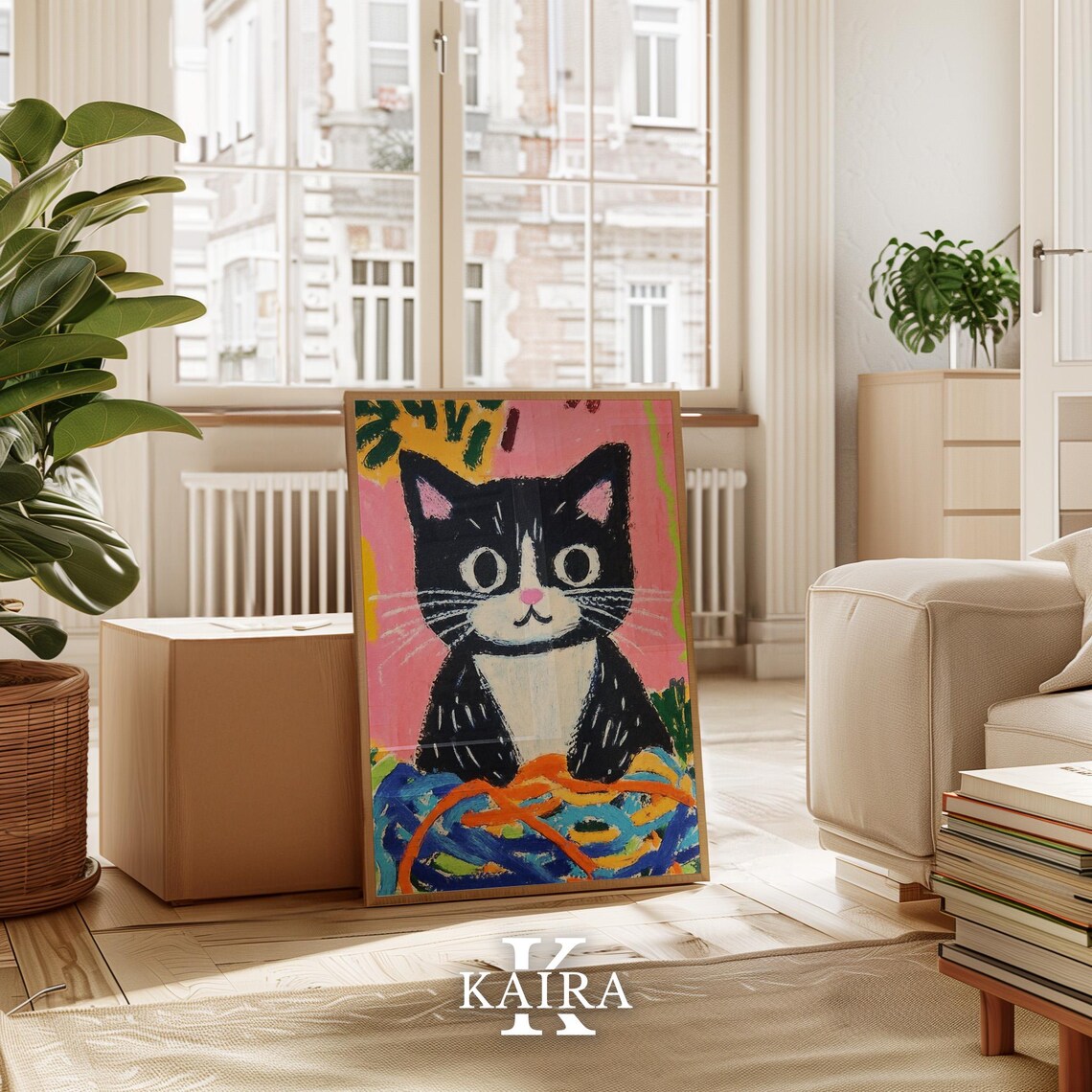 Playful Tuxedo Kitten With a Big Pile of Colorful Yarn Balls Poster - Image 3