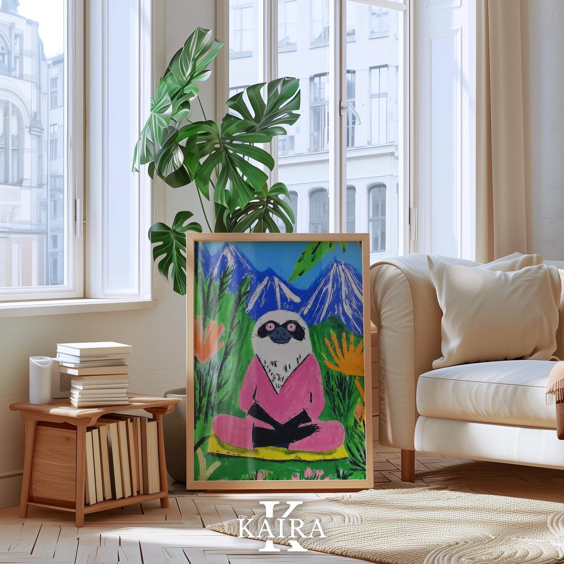 Dreamy Sloth in a Pink Robe Sitting in a Mountain Garden Poster - Image 3