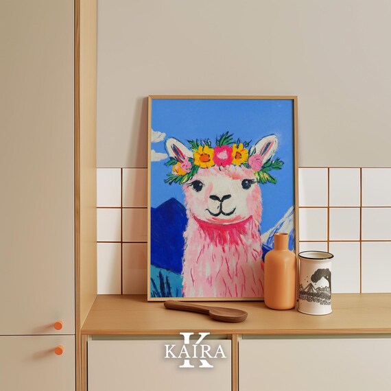 Smiling Pink Llama Wearing a Bright Flower Crown by Mountains Poster