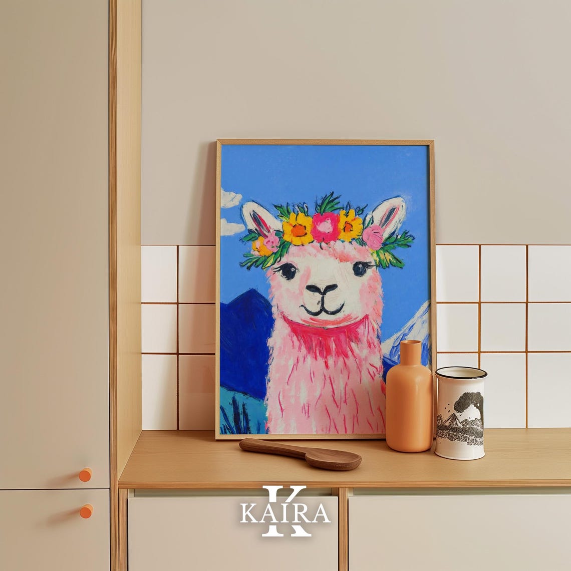 Smiling Pink Llama Wearing a Bright Flower Crown by Mountains Poster
