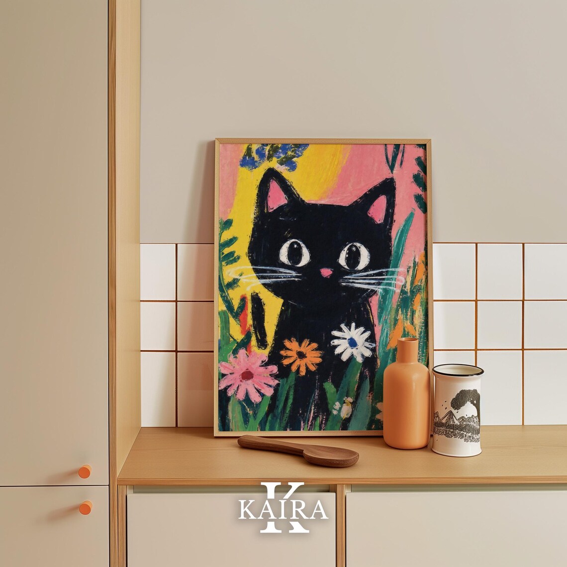 Wide-Eyed Black Kitten Sitting Among Bright Garden Flowers Poster - Image 5