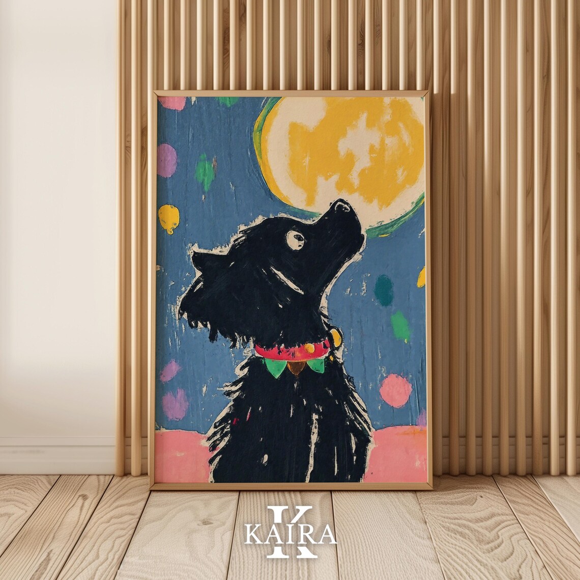 Scruffy Black Dog With A Festive Collar Howling At The Yellow Moon Poster - Image 5